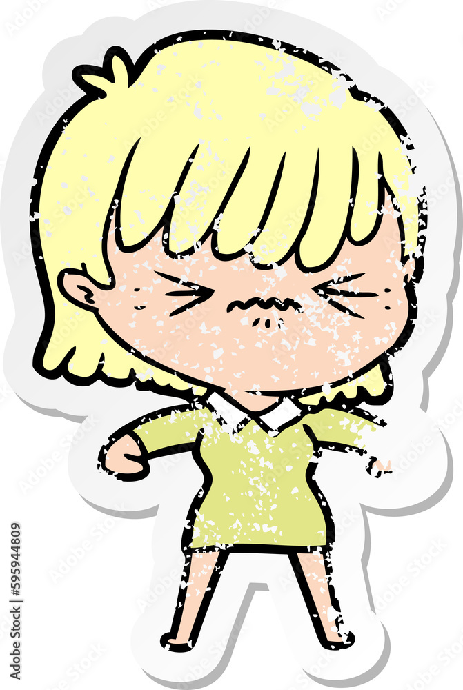 distressed sticker of a annoyed cartoon girl distressed sticker of a annoyed cartoon girl