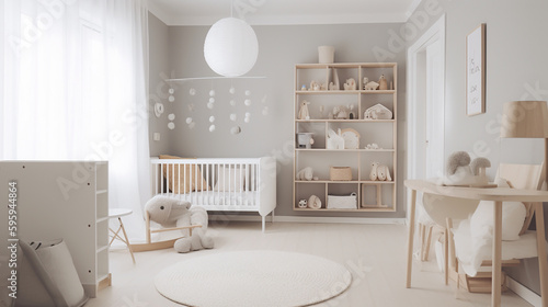 modern minimalist nursery room style. Baby room interior in light colours  generative AI