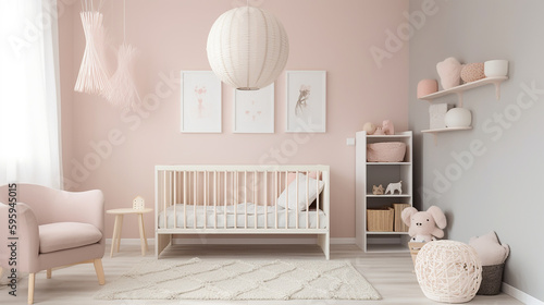 modern minimalist nursery room style. Baby room interior in light colours  generative AI