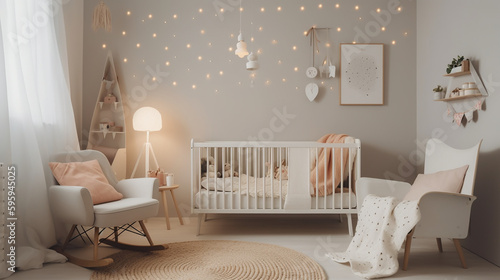 modern minimalist nursery room style. Baby room interior in light colours, generative AI