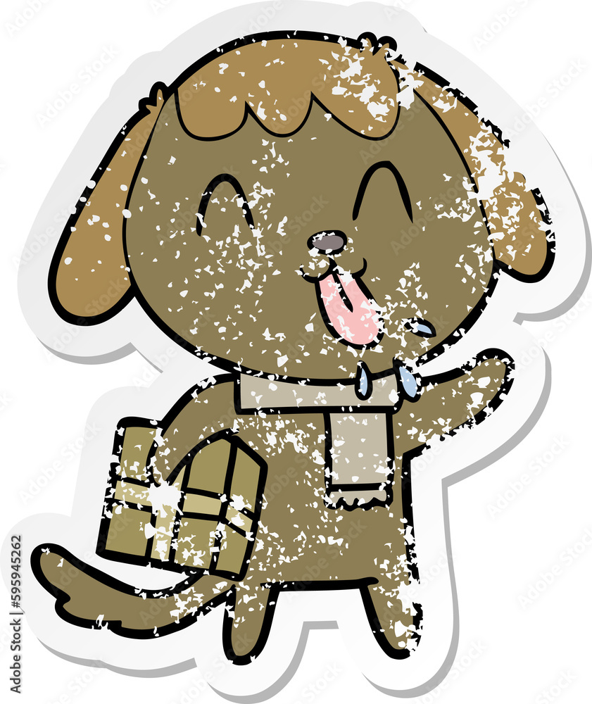 distressed sticker of a cute cartoon dog with christmas present distressed sticker of a cute cartoon dog with christmas present