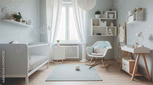 modern minimalist nursery room style. Baby room interior in light colours, generative AI © TimosBlickfang