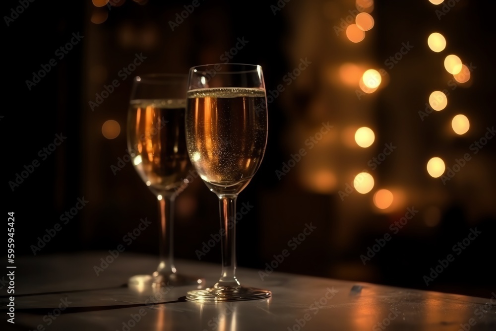 Two Champagnes, New Year, Blurred Lights. Generative AI Two Champagnes, New Year, Blurred Lights. Generative AI