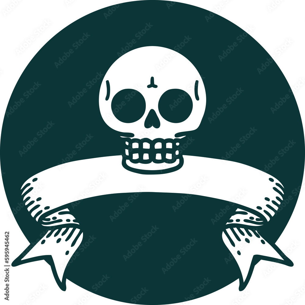 tattoo style icon with banner of a skull tattoo style icon with banner of a skull