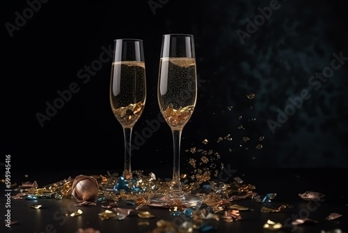 Two Glasses Of Champagne And Confetti On A Dark Background, Isolated. Generative AI