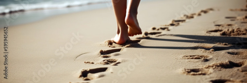 Woman walking on the beach, female legs on wet sand close up. Summer vacations. Generative AI