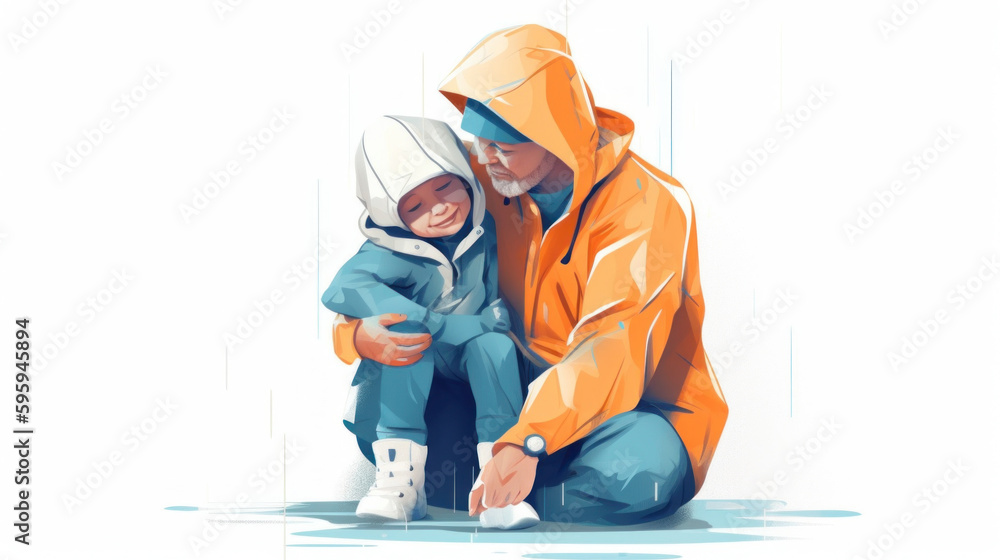 Love and protection are captured in a single shot as a father hug his child during the rain. Generative AI Love and protection are captured in a single shot as a father hug his child during the rain. Generative AI