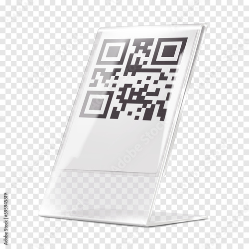 Plexi stand vector mock-up. Transparent L-shaped QR code holder mockup. Clear acrylic desk counter information display template