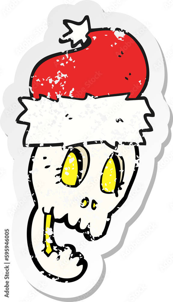 retro distressed sticker of a cartoon christmas hat on skull retro distressed sticker of a cartoon christmas hat on skull