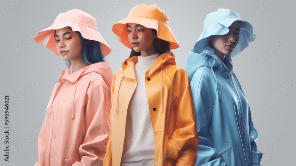 A joyful group of people standing in the rain with their colorful raincoats. Generative AI A joyful group of people standing in the rain with their colorful raincoats. Generative AI