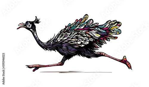 Colored vector  inked style ostrich wall art
