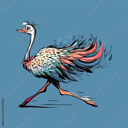 Colored vector  inked style ostrich wall art