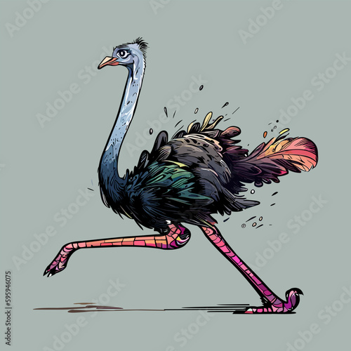 Colored vector  inked style ostrich wall art