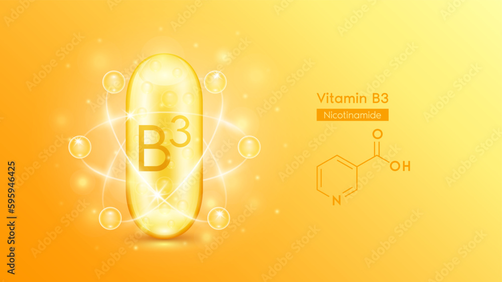 Gold oil capsule vitamin B3 and structure chemical formula. Pill ...