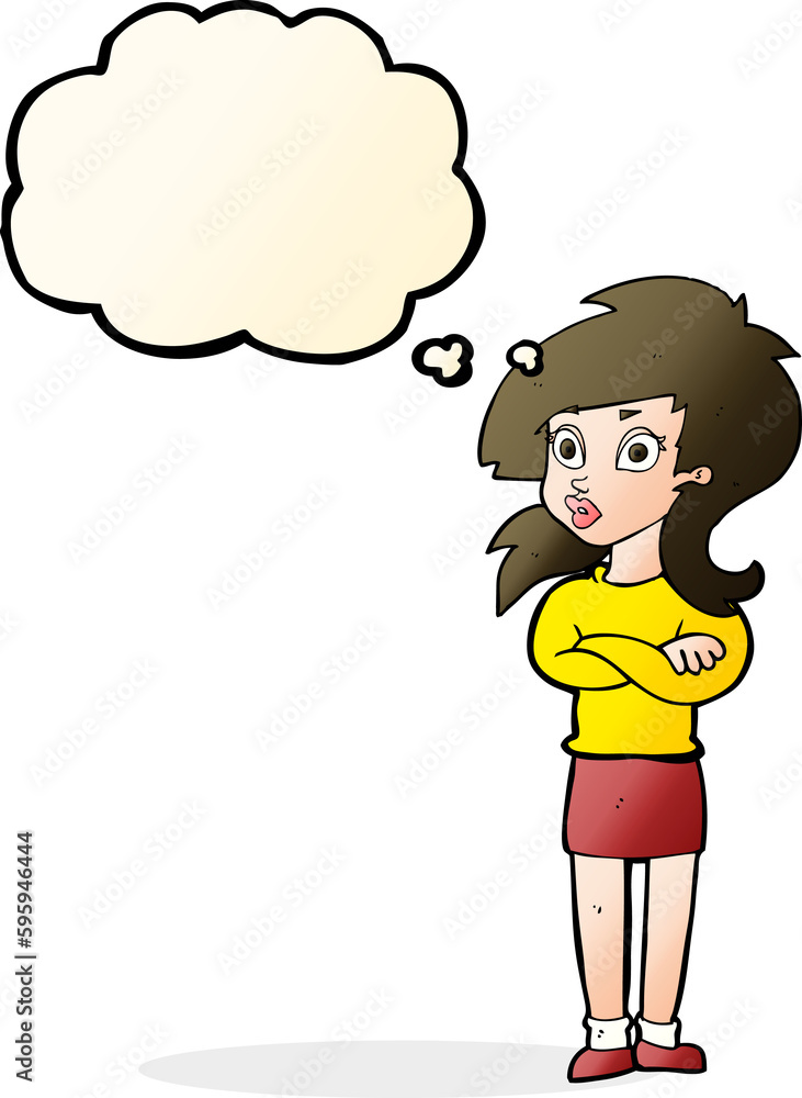cartoon woman with folded arms with thought bubble cartoon woman with folded arms with thought bubble