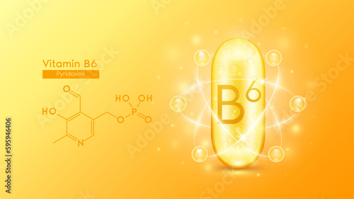 Gold oil capsule vitamin B6 or Pyridoxine and structure chemical formula. Pill multivitamin complex with bubble collagen serum radius ring surround. Skincare cosmetics nutrition design. 3D Vector.