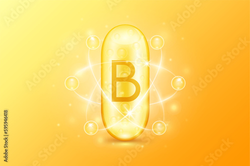Gold oil capsule vitamin B. Pill multivitamin complex with bubble collagen serum radius ring surround. Skincare cosmetics nutrition design. 3D Vector.