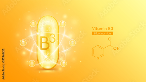 Gold oil capsule vitamin B3 and structure chemical formula. Pill multivitamin complex with bubble collagen serum radius ring surround. Skincare cosmetics nutrition design. Medical concepts. 3D Vector. photo