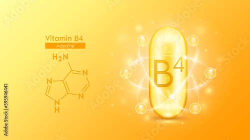 Gold oil capsule vitamin B4 or Adenine and structure chemical formula. Pill multivitamin complex with bubble collagen serum radius ring surround. Skincare cosmetics nutrition design. 3D Vector.