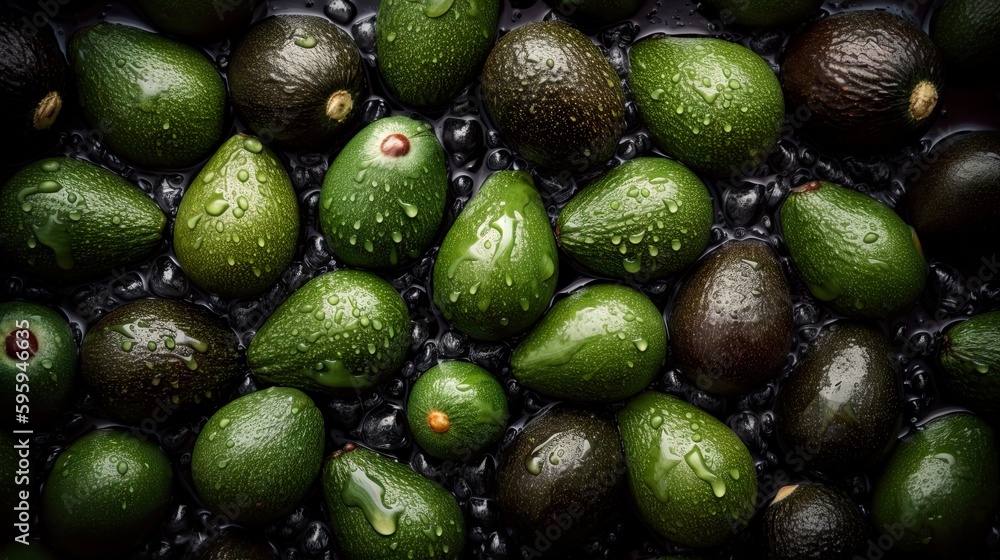 Top down view of fresh avocados with waterdrops. AI Generative Art. Top down view of fresh avocados with waterdrops. AI Generative Art.
