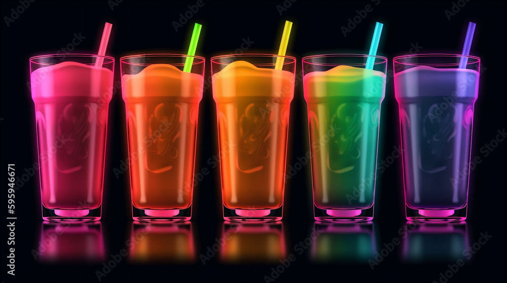 5 neon Cocktails in Neonfarben und Neonlicht. Regenbogen Farben. Diversity. Generative Ai. 5 neon Cocktails in Neonfarben und Neonlicht. Regenbogen Farben. Diversity. Generative Ai.