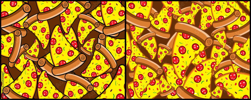 Vector illustration of two examples of pizza slices textures, art, pattern.