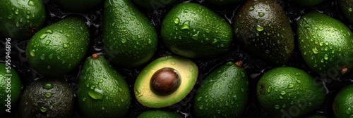 Top down view of fresh avocados with waterdrops. AI Generative Art.