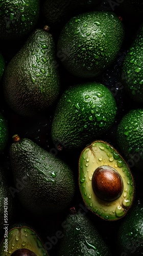 Top down view of fresh avocados with waterdrops. AI Generative Art.