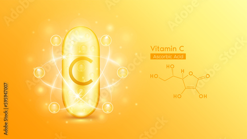 Gold oil capsule vitamin C and structure chemical formula. Pill multivitamin complex with bubble collagen serum radius ring surround. Skincare cosmetics nutrition design. Medical concepts. 3D Vector.