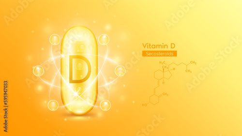 Gold oil capsule vitamin D or Secosteroids and structure chemical formula. Pill multivitamin complex with bubble collagen serum radius ring surround. Skincare cosmetics nutrition design. 