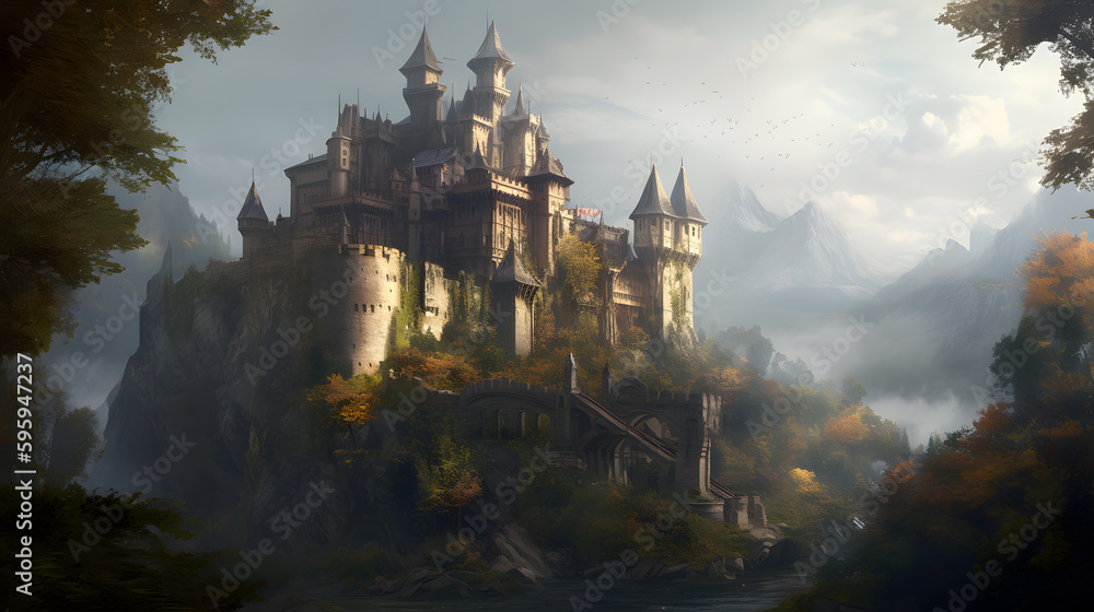 A magnificent castle stands tall in the midst of a fantastical world created with generative AI