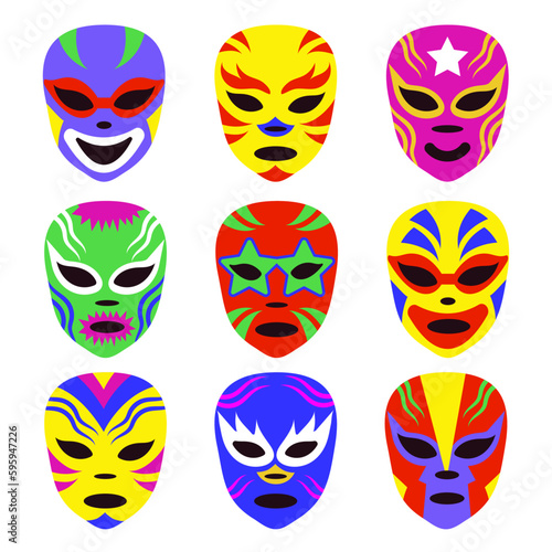 Various Lucha libre masks. Luchador colorful head set. Traditional Mexican wrestling masks.  Hand drawn modern Vector illustration. Cartoon style