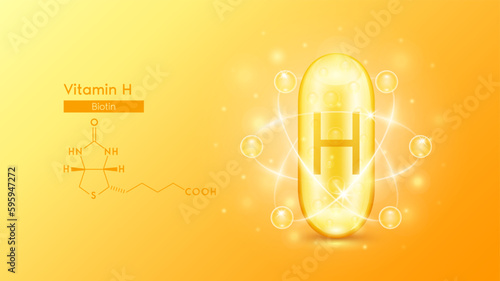 Gold oil capsule vitamin H and structure chemical formula. Pill multivitamin complex with bubble collagen serum radius ring surround. Skincare cosmetics nutrition design. Medical concepts. 3D Vector.