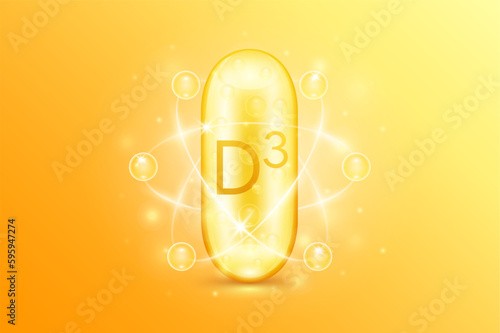 Gold oil capsule vitamin D3. Pill multivitamin complex with bubble collagen serum radius ring surround. Skincare cosmetics nutrition design. 3D Vector.