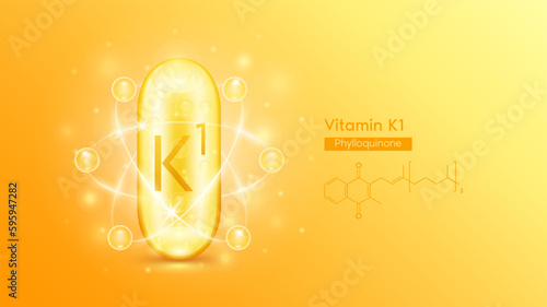 Gold oil capsule vitamin K1 or Phylloquinone and structure chemical formula. Pill multivitamin complex with bubble collagen serum radius ring surround. Skincare cosmetics nutrition design.