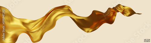 Flying gold silk textile fabric flag background. Smooth elegant golden Satin Isolated on beige Background for grand opening ceremony. Gold curtain. 3d vector illustration.
