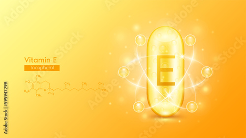 Gold oil capsule vitamin E or Tocopherol and structure chemical formula. Pill multivitamin complex with bubble collagen serum radius ring surround. Skincare cosmetics nutrition design. 3D Vector.