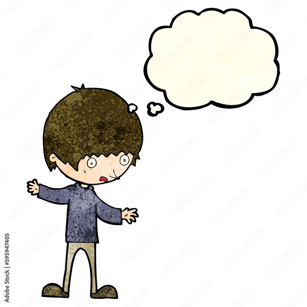 cartoon boy with outstretched arms with thought bubble cartoon boy with outstretched arms with thought bubble