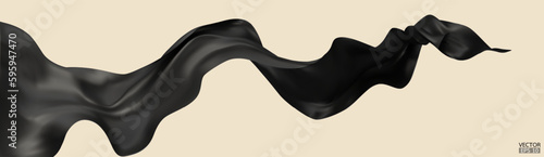 Flying black silk textile fabric flag background. Smooth elegant black Satin Isolated on beige Background for grand opening ceremony. black curtain. 3d vector illustration
