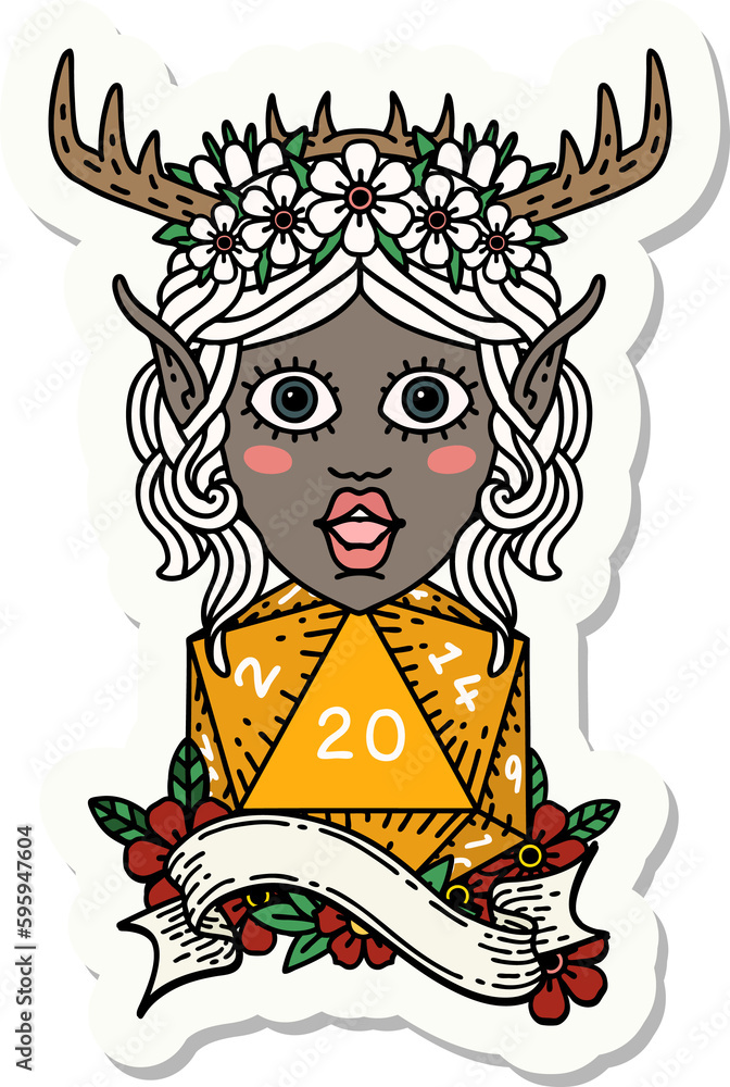 sticker of a elf druid character with natural twenty dice roll sticker of a elf druid character with natural twenty dice roll
