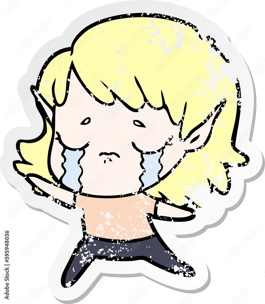 distressed sticker of a cartoon crying elf girl distressed sticker of a cartoon crying elf girl