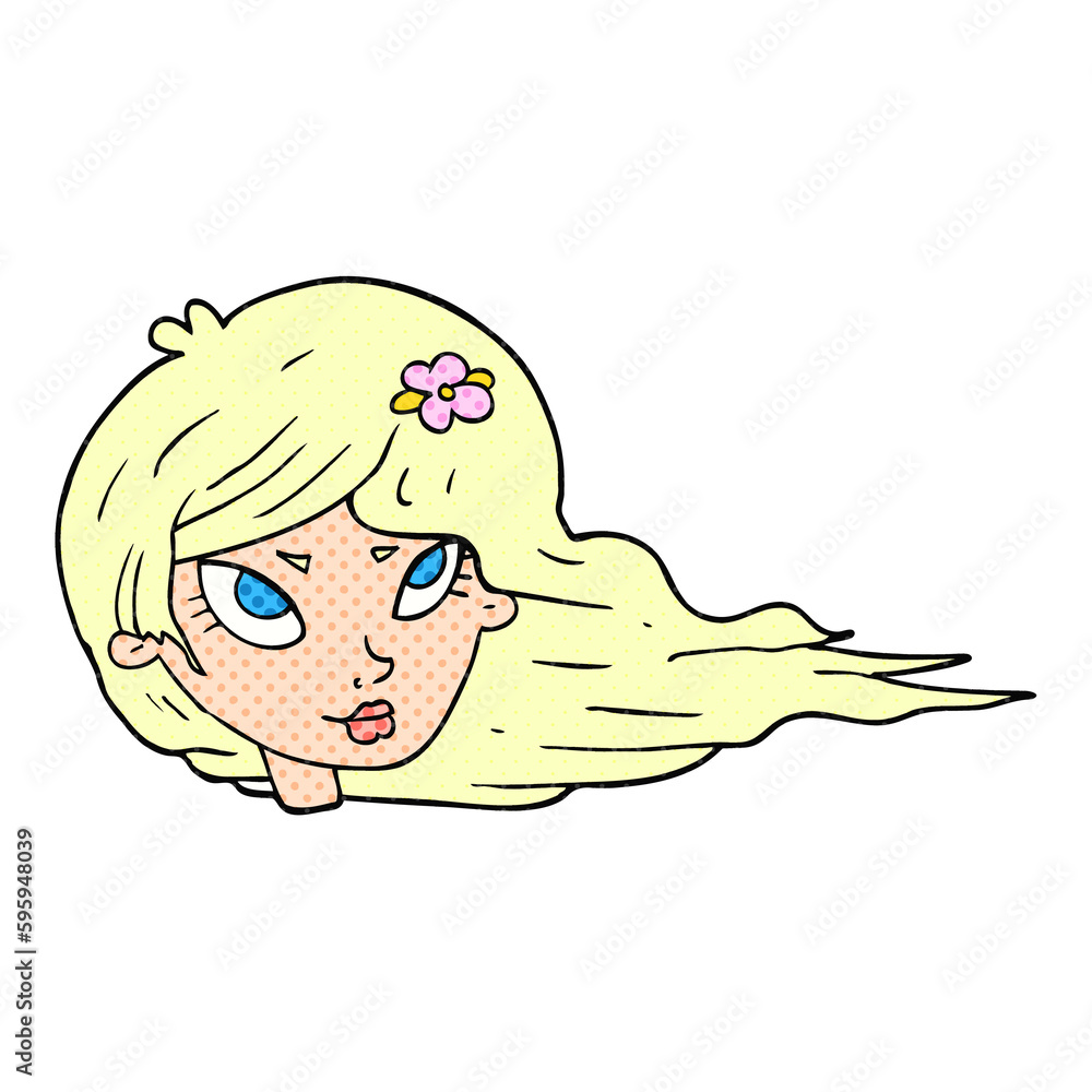 freehand drawn cartoon woman with blowing hair