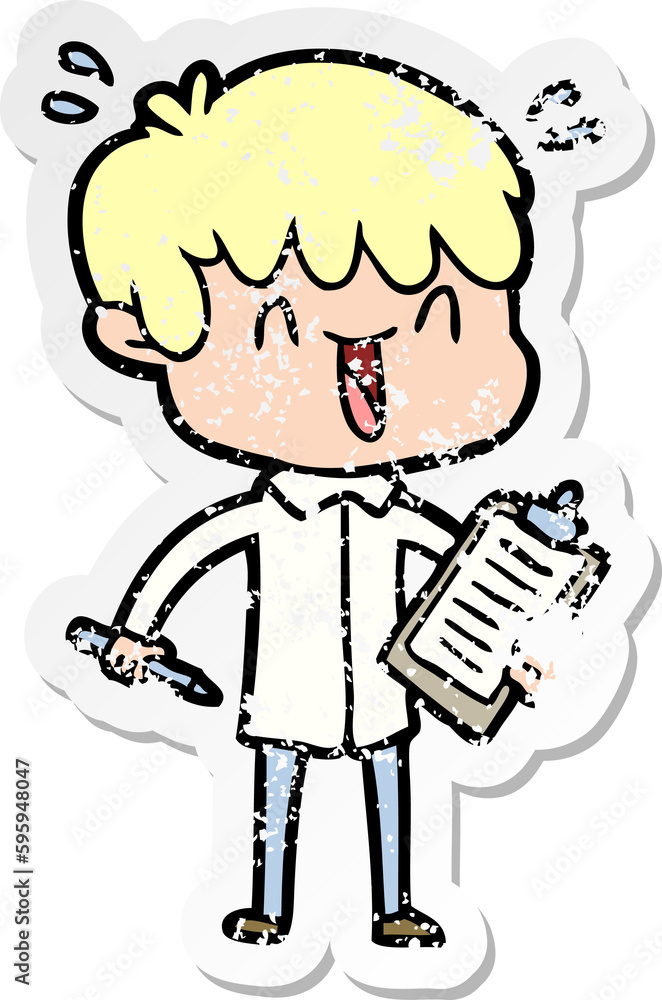 distressed sticker of a cartoon laughing boy distressed sticker of a cartoon laughing boy