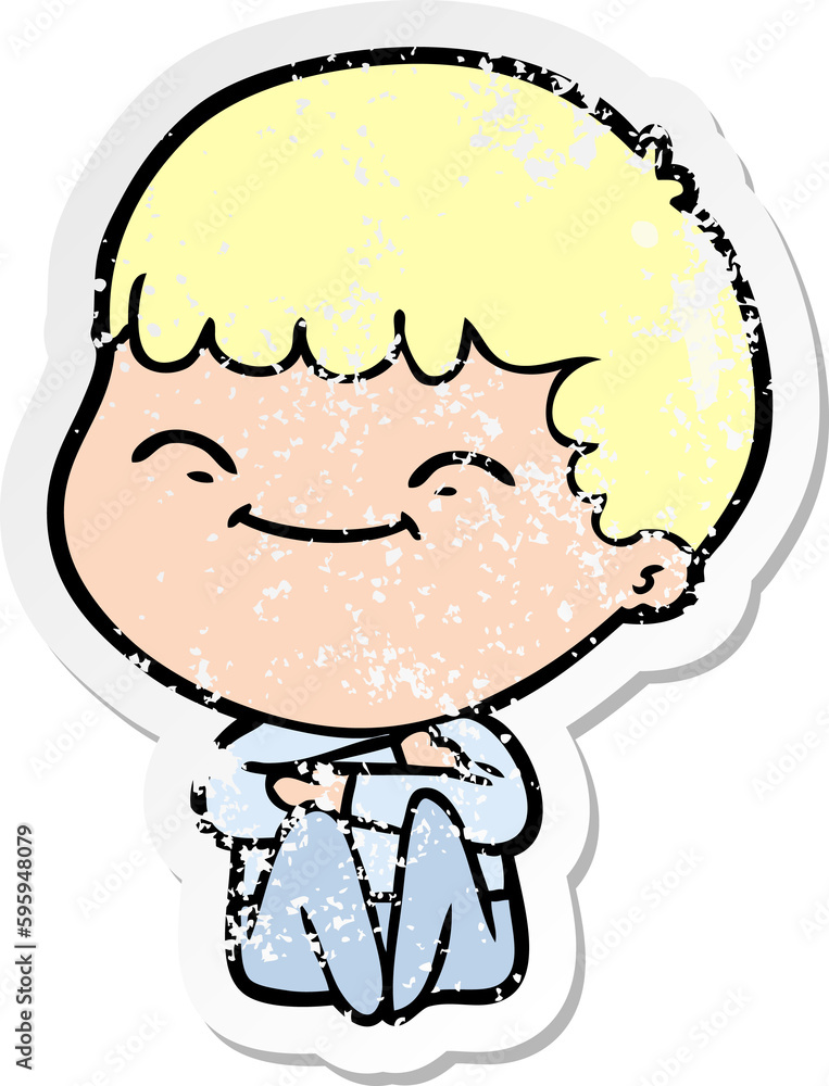 distressed sticker of a cartoon smiling boy