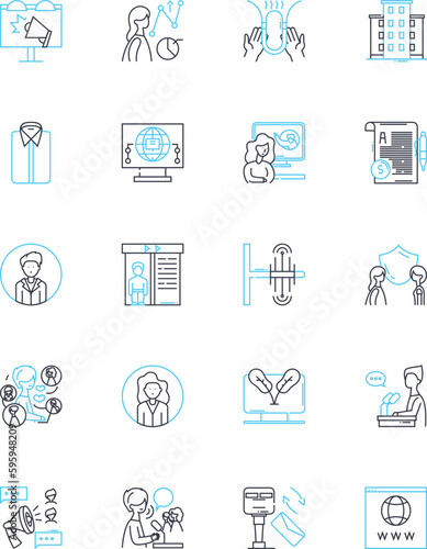Marketing communication linear icons set. Advertising, Branding, Campaigns, Content, Copywriting, Design, Engagement line vector and concept signs. Influencers,Interactive,Messaging outline