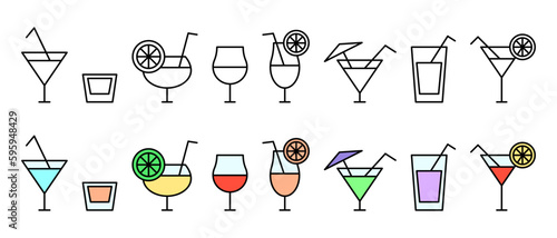 Alcoholic cocktail icons set. Cocktail glasses flat icons. Vector isolated on white background.