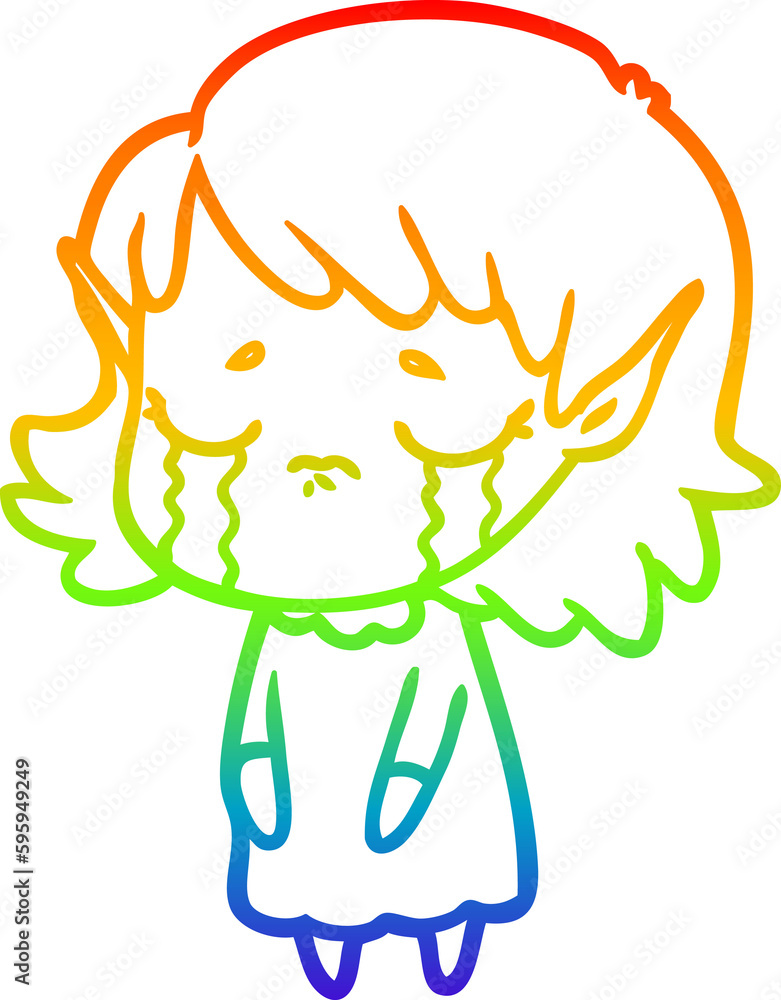 rainbow gradient line drawing of a crying cartoon elf girl rainbow gradient line drawing of a crying cartoon elf girl
