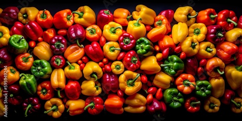 Top down view of fresh bell peppers with waterdrops. AI Generative Art. © W&S Stock