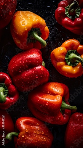 Top down view of fresh bell peppers with waterdrops. AI Generative Art.