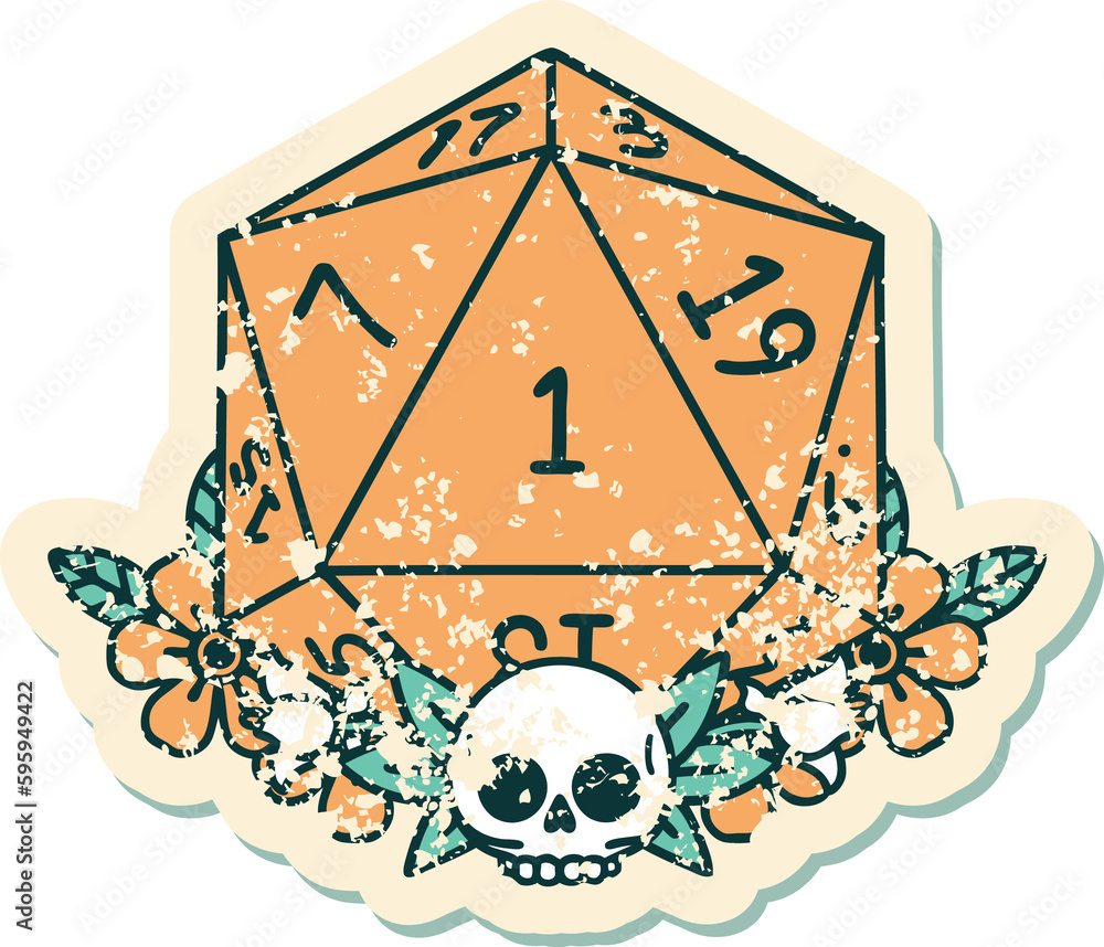 Retro Tattoo Style natural one dice roll with floral elements Retro Tattoo Style natural one dice roll with floral elements